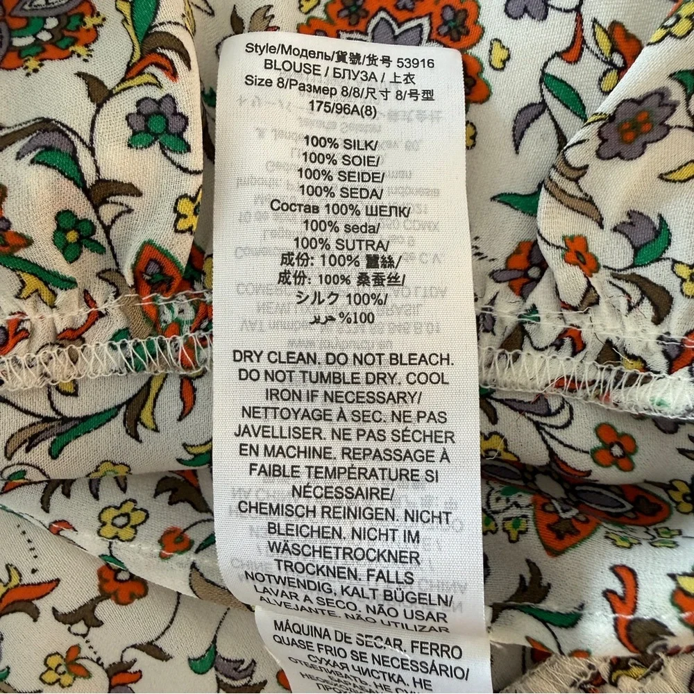 Tory Burch 100% Silk Botanical Woodblock Print Peasant Blouse Size 8 Boho Chic